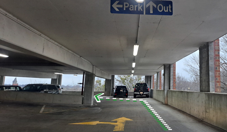 Parking access following 'Out' sign on 3rd floor Richardson Street Garage entrance into OpenWorks